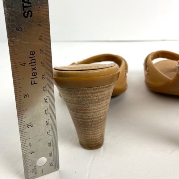 TODS Beige Tan Leather Classic Open Toe Heels Size 8.5 Wooden Block Heel Shoes - Picture 7 of 8